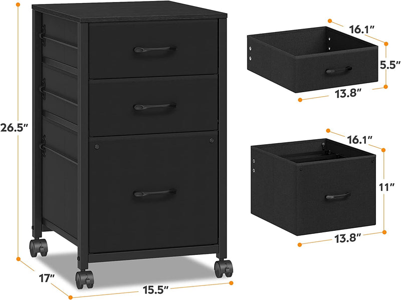 Raybee 3 Drawers File Cabinet for Home Office Storage and Organization, under Desk Storage Rolling Filing Cabinet Fits A4, Legal, Letter Size, Fabric Mobile Printer Stand with Storage, Black
