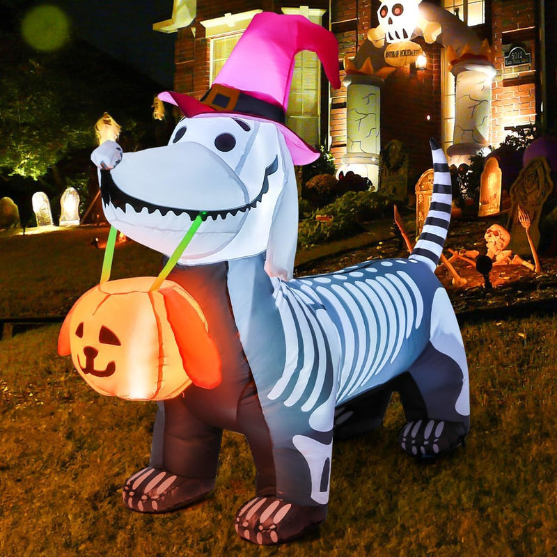 GOOSH 5Ft Halloween Inflatables Outdoor Decorations Skeleton Puppy Inflatable Yard Decoration with Build-In Leds Blow up Pumpkin for Halloween Party Indoor Outdoor Yard Garden