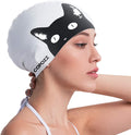COPOZZ Adult Swim Caps, Silicone Waterproof Comfy Bathing Cap Swimming Hat for Long and Short Hair Sporting Goods > Outdoor Recreation > Boating & Water Sports > Swimming > Swim Caps COPOZZ Black Cat-12yrs+  