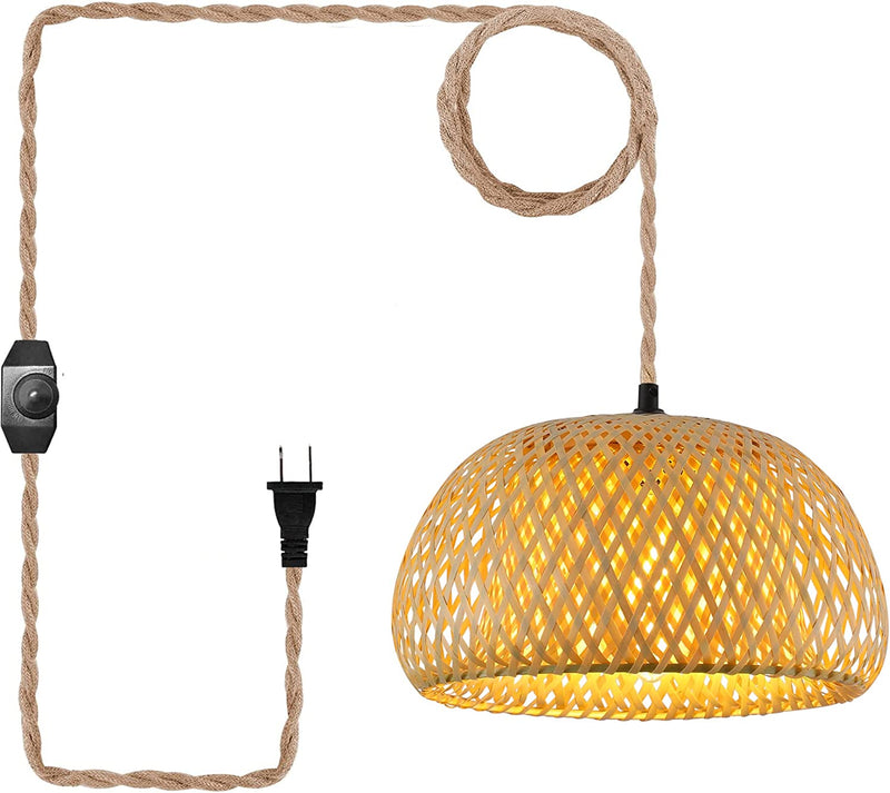 Plug in Pendant Light Rattan Hanging Lamp with Dimmable Switch 14Feet Hemp Rope Cord Bamboo Lampshade Hanging Lights Fixture with Plug in Cord Home & Garden > Lighting > Lighting Fixtures HXMLS   