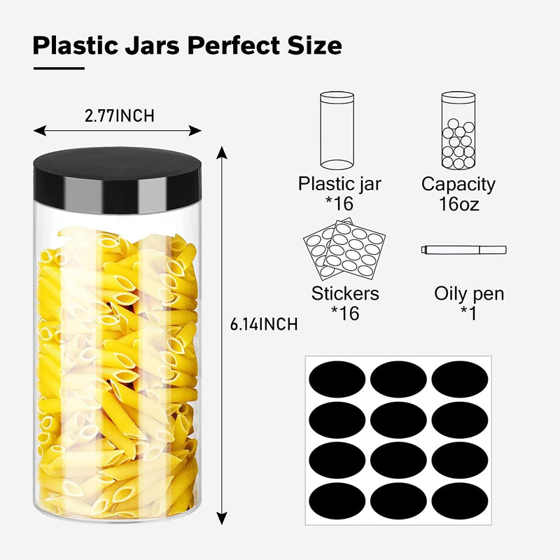 Plastic Jar with Lids 16Oz Clear Empty Containers 16Pcs Straight Cylinders Storage Jars with Airtight Black Lid Stackable Refillable round Plastic Jars for Kitchen Food & Home Storage Home & Garden > Decor > Decorative Jars SLifeJars   