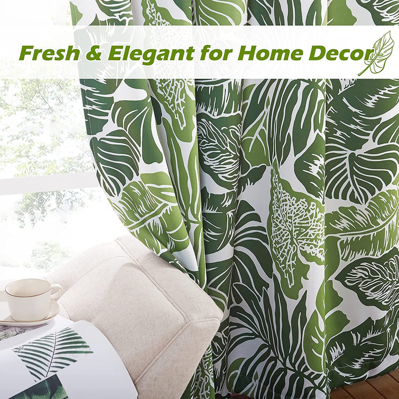 NICETOWN Room Darkening Tropical Curtains 84 Inches Length, Summer Palm Tree Banana Leaf Light Reducing Window Coverings for Villa/Hall/Patio Door, W52 X L84, Double Pieces, Green Palm