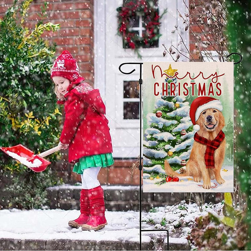 Christmas Dog Garden Flag Burlap Double Sided Vertical 12×18 Inch Merry Christmas Trees Yard Decorations Holiday Banners Outdoor Farmhouse Decor