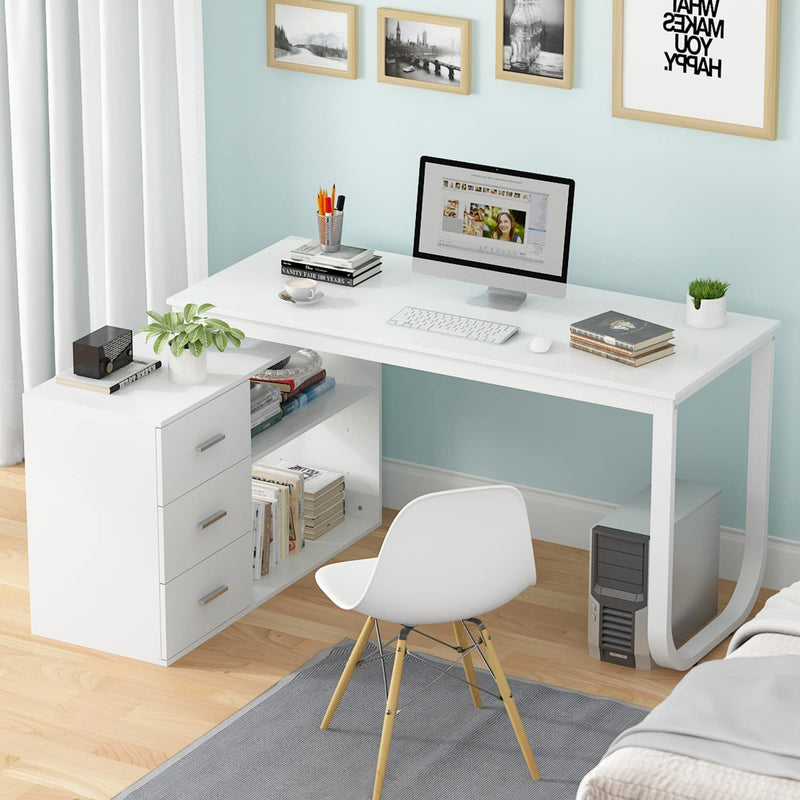 Homsee Home Office Computer Desk Corner Desk with 3 Drawers and 2 Shelves, 55 Inch Large L-Shaped Study Writing Table with Storage Cabinet - Dark Grey Home & Garden > Household Supplies > Storage & Organization Homsee White  
