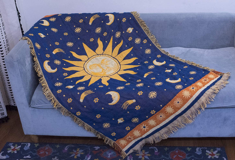 Erke 35"X60" Sun and Moon Stars Cushion Cover for Sofa Loveseat Slipcover Chair Furniture Protector Decor, Hippie Room Decorative Wall Hanging Celestial Tapestry (Yellow Blue, Small, 100% Cotton) Home & Garden > Decor > Chair & Sofa Cushions Erke   
