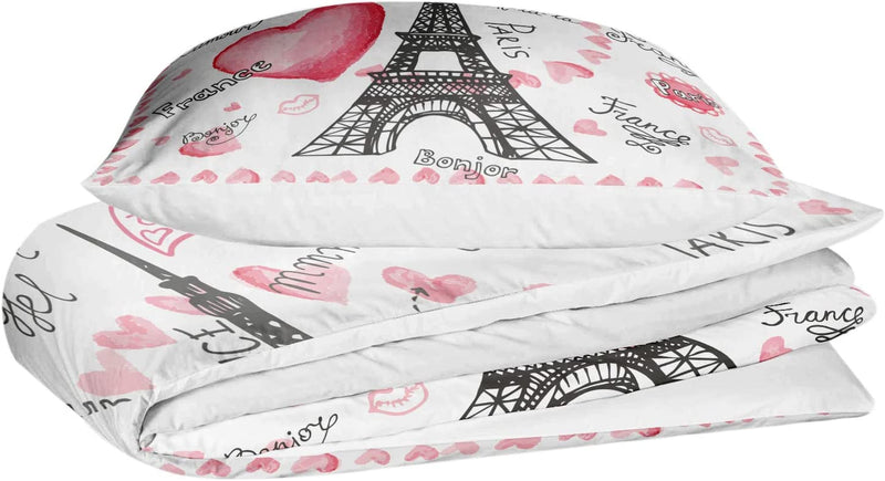 SHINICHISTAR Twin Size the Eiffel Tower Comforter Sets 3 Pieces Paris Bedding Set for Kids Teens Girls Heart France Bedroom Decor