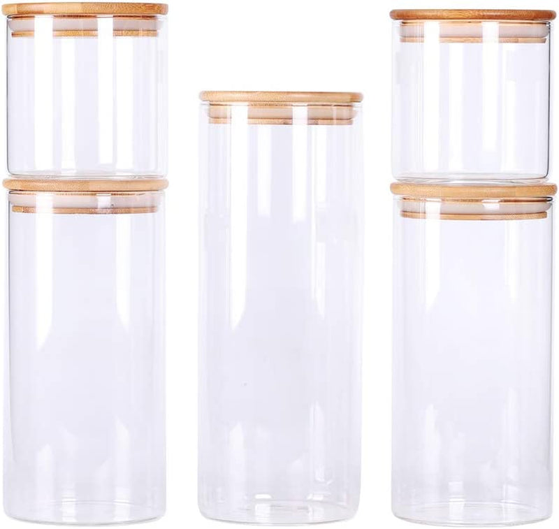 LEAVES and TREES Y Stackable Kitchen Canisters Set, Pack of 5 Clear Glass Food Storage Jars Containers with Airtight Bamboo Lid for Candy, Cookie, Rice, Sugar, Flour, Pasta, Nuts Home & Garden > Decor > Decorative Jars LEAVES AND TREES Y   