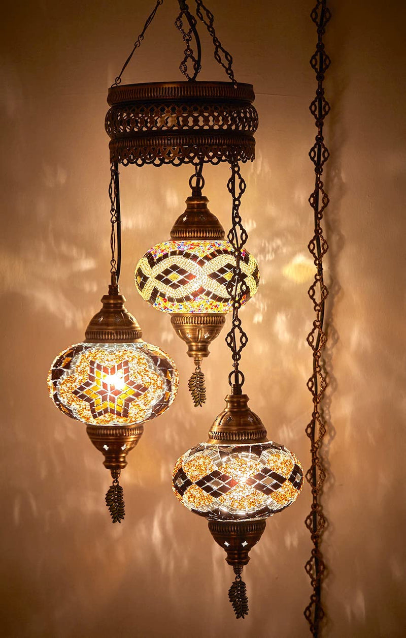 Demmex 2019 Turkish Moroccan Mosaic Hardwired or Swag Plug in Chandelier with 15Feet Cord Cable Chain & 3 Big Globes (Amber) (Amber (Plug In)) Home & Garden > Lighting > Lighting Fixtures > Chandeliers DEMMEX Amber (Plug In)  