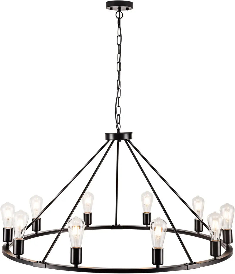 Brfaixla 10-Light Farmhouse Wagon Wheel Chandelier, 39.4'' Vintage Industrial round Hanging Ceiling Pendant Light Fixture, for Kitchen Island Living Dining Room Bedroom Hallway Entryway Foyer, Black Home & Garden > Lighting > Lighting Fixtures > Chandeliers brfaixla   