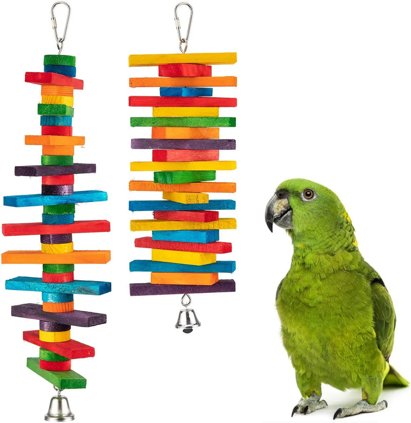 MEWTOGO 2Pcs Bird Toys - Parrot Toys with Multicolored Natural Wooden Blocks, Bird Chewing Sticks Toys for Conures Parakeets Cockatiels Lovebirds African Grey Macaws Parrots Animals & Pet Supplies > Pet Supplies > Bird Supplies > Bird Toys MEWTOGO   
