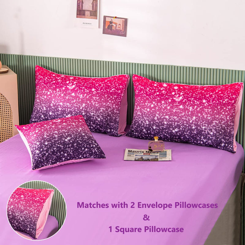 PERFEMET Purple Glitter Comforter Set Twin Size 6 Pieces Bed in a Bag for Teen Girls 3D Colorful Rainbow Bedding Comforter Sheet Set Ultra Soft Galaxy Quilted Duvet
