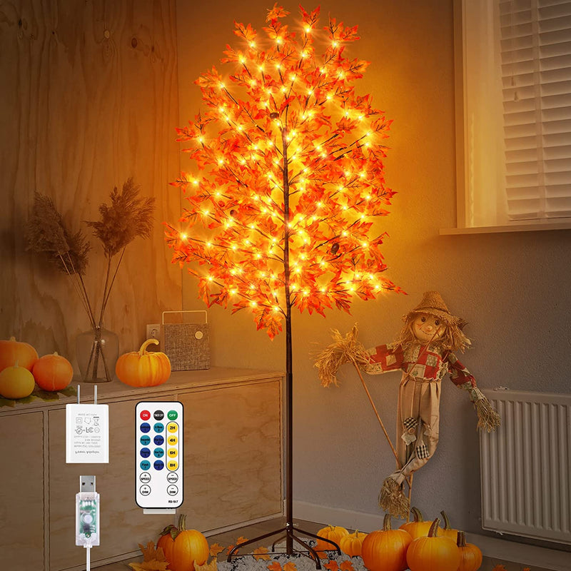 Fastdeng 5Ft Fall Maple Tree Light Thanksgiving Decorations, 90 LED Warm White Dimmable Timing Artificial Fall Tree with 8 Flashing Modes for Home Indoor Outdoor Autumn Thanksgiving Harvest Decor  FastDeng 6Ft 144Led Maple Tree  