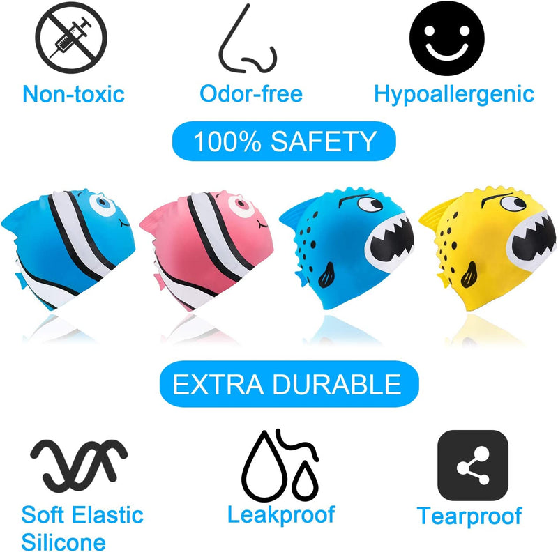 Swim Cap Kids-2 Pack Silicone Fun Swim Caps for Girls and Boys, Kids Swimming Hats with Cartoon Sharks & Minnows Design Sporting Goods > Outdoor Recreation > Boating & Water Sports > Swimming > Swim Caps SANT   