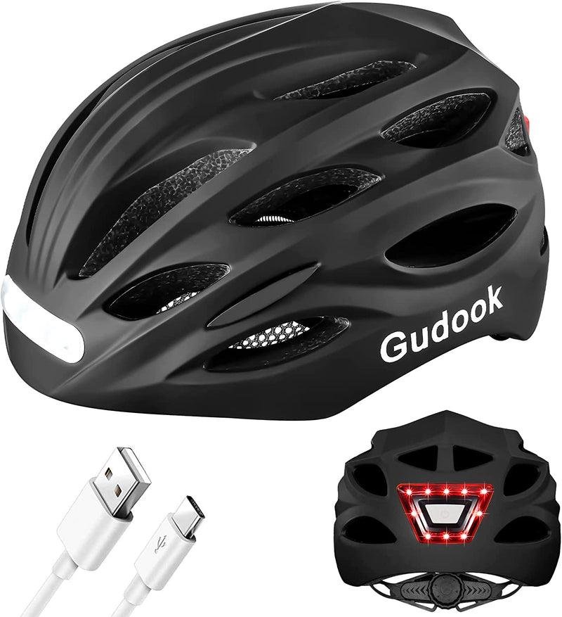 Gudook Bike Helmet Adult Helmets for Men/Women: with USB Rechargeable Front and Rear LED Light for Cycling Urban Commuter Casco Para Bicicleta Lightweight Bicycle Helmet Sporting Goods > Outdoor Recreation > Cycling > Cycling Apparel & Accessories > Bicycle Helmets Gudook Matte black Medium 