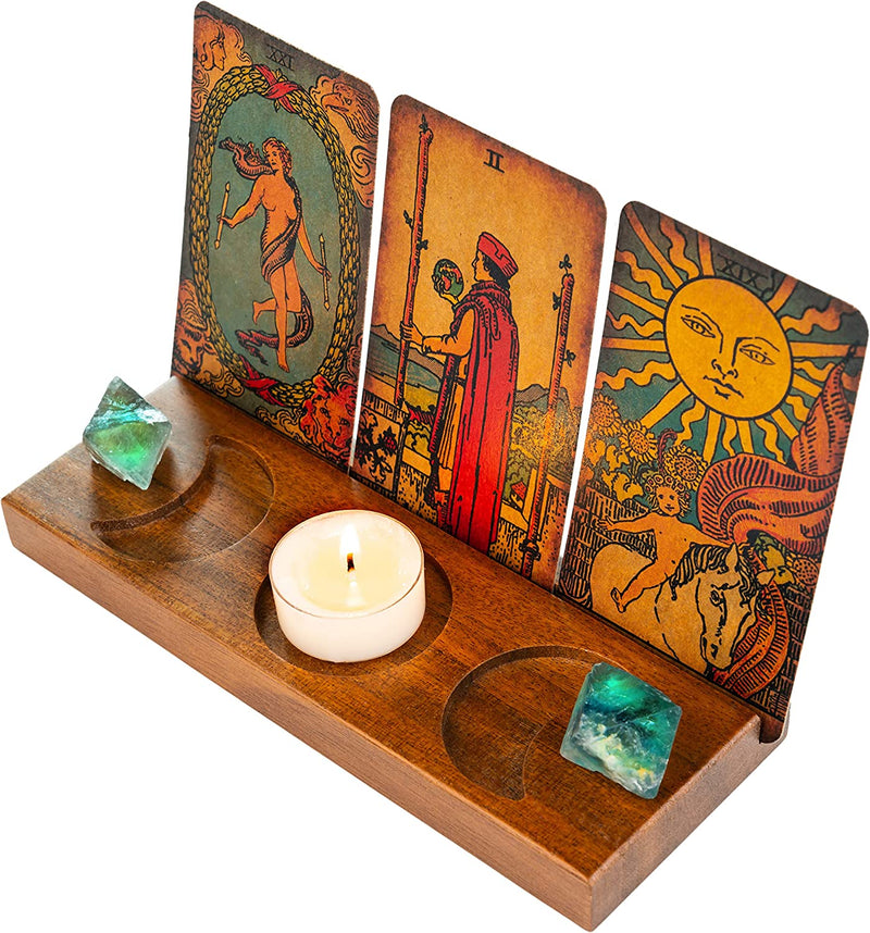 Curawood Tarot Card Holder Stand - Display Your Daily Affirmation Cards - Wooden Tarot Card Stand - Tarot Reading Accessories - Tarot Card Display - Pagan & Wiccan Altar Supplies - Tarot Decor Sporting Goods > Outdoor Recreation > Winter Sports & Activities Curawood 3-Card Stand Etched Moon  