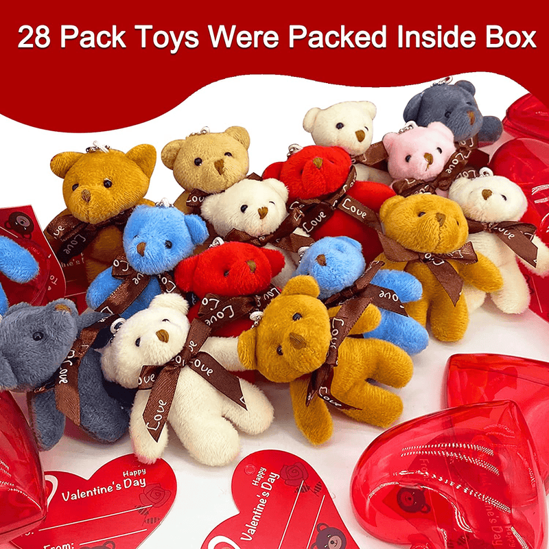 28 Pack Mini Bear Stuffed Toys Filled Valentines 3In Large Heart with 7 Colors Plush Animal Keychain Toys Decoration Valentines Cards for Kids