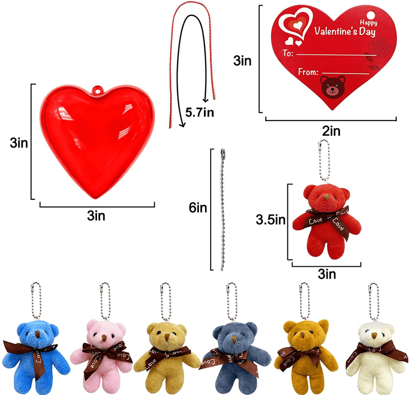 28 Pack Mini Bear Stuffed Toys Filled Valentines 3In Large Heart with 7 Colors Plush Animal Keychain Toys Decoration Valentines Cards for Kids