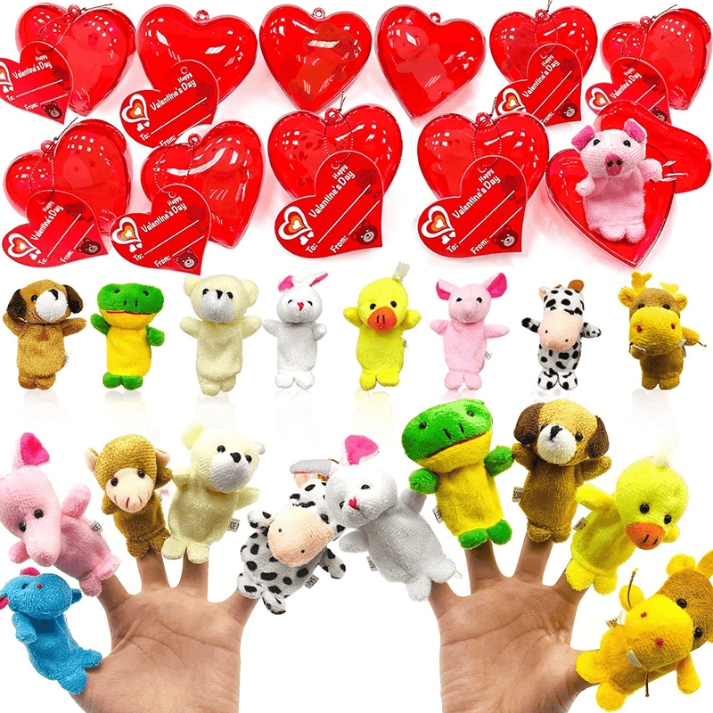 28 Pack Plush Animal Stuffed Toys Filled Valentines Heart 14 Style Animal Toys Finger Puppet Decoration Valentines Cards for Kids Boys Girls Valentines Day Classroom Gifts Exchange Prizes Party Favors