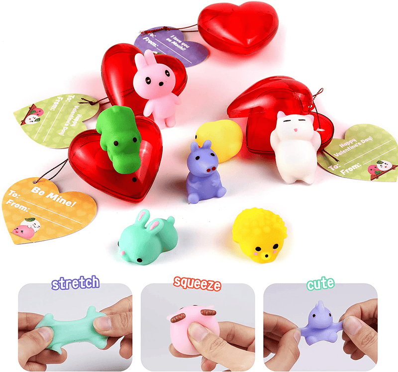 28 Packs Kids Valentine Mochi Squishy Set Includes 28 Mochi Squishies Filled Hearts and Valentine Cards for Kids Valentine Classroom Exchange Party Favors, Kawaii Stress Relief Toys for Valentine Gift Exchange, Game Prizes and Carnivals Gift