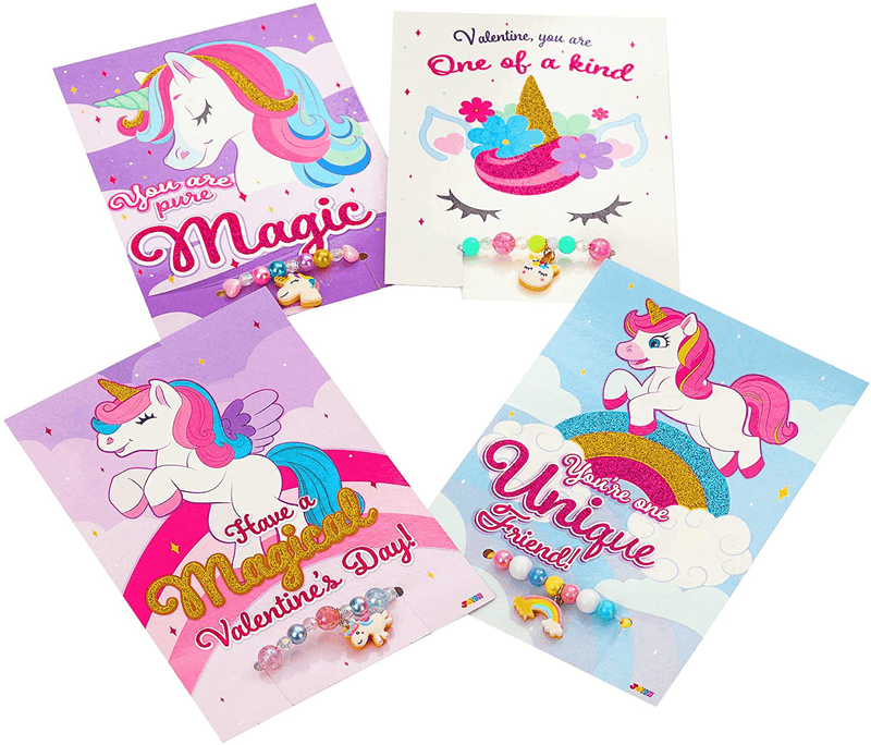 28 Packs Unicorn Valentines Day Gifts Cards for Kids with Bracelets, Valentine'S Greeting Cards for Classroom Exchange Cards and Valentine'S Party Favor