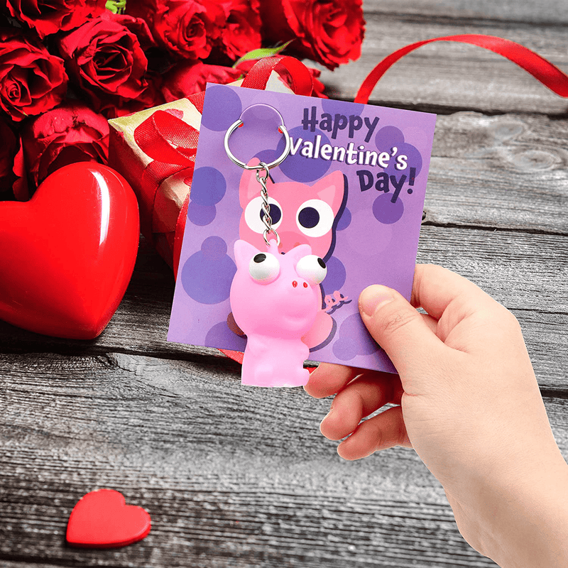 28 Packs Valentine'S Day Gift Card with Popping Eyes Animal Keychains for Kids Party Favor, Classroom Exchange Prizes, Valentine’S Greeting Cards Including Popping Eye Animal Keychains