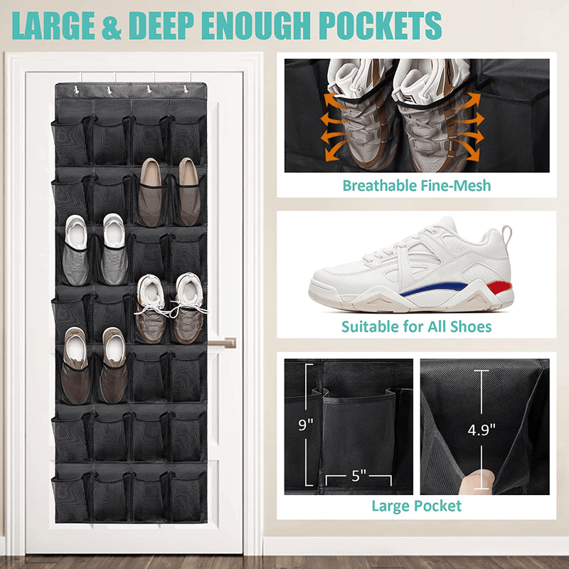 28 Pockets over the Door Shoe Organizers Hanging Shoe Rack Holder Organizer Shoe Storage Closet for Men Sneakers,Women High Heeled Shoes,Flip Flops Entryway Bedroom Bathroom Pantry, Black