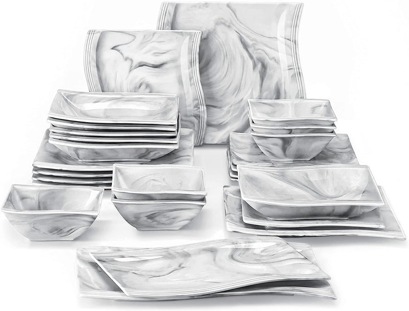 MALACASA Dinnerware Sets, 30 Piece Marble Grey Square Plates and Bowls Sets, Porcelain Dinner Set with Dishes, Plates Set, Cups and Saucers, Modern Dish Set for 6, Series Flora Home & Garden > Kitchen & Dining > Tableware > Dinnerware MALACASA Marble Grey 26 Piece(Service for 6) 