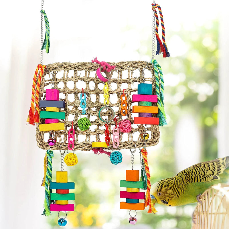 Bird Swing Toys, Bird Foraging Wall Toy, Seagrass Woven Hammock Swing Mat with Colorful Ropes Wooden Chew Toys for Lovebirds, Parakeets, Conures, Cockatiels Animals & Pet Supplies > Pet Supplies > Bird Supplies > Bird Toys LifeIdeas   