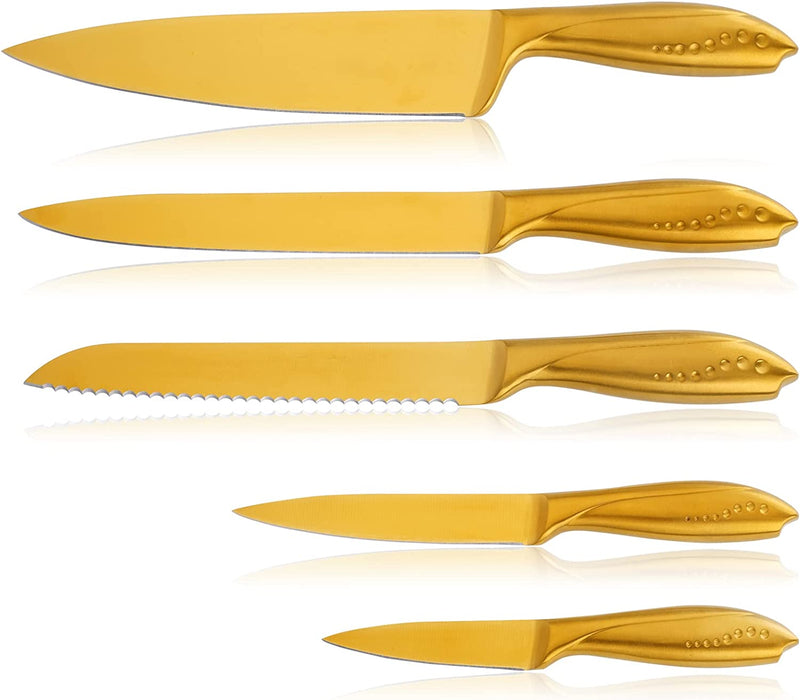 Kitchen Knife Set 5 Piece WELLSTAR, Razor Sharp German Stainless Steel Blade and Comfortable Handle with Rainbow Titanium Coated, Chef Carving Bread Utility Paring for Cutting and Peeling, Gift Box Home & Garden > Kitchen & Dining > Kitchen Tools & Utensils > Kitchen Knives WELLSTAR Gold  