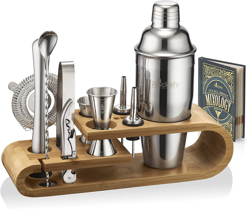 ROCKSLY Mixology Bartender Kit and Cocktail Shaker Set for Drink Mixing | Mixology Set with 10 Bar Set Tools and Bamboo Stand Makes It the Perfect Home Cocktail Kit | Complete Bartender Kit (Silver) Home & Garden > Kitchen & Dining > Barware ROCKSLY Silver  