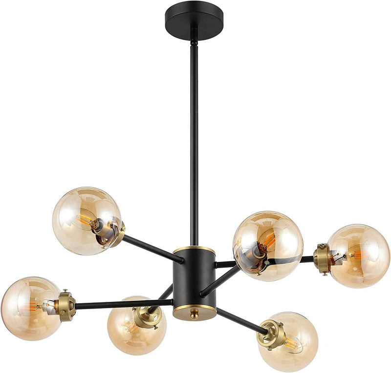 WINGBO 6-Light Modern Chandelier, Sputnik Pedant Light Fixture with Large Opal White Glass Globe Shade for Flat and Slop Ceiling, Height Adjustable for Kitchen Living Room Dining Room Bedroom, Gold