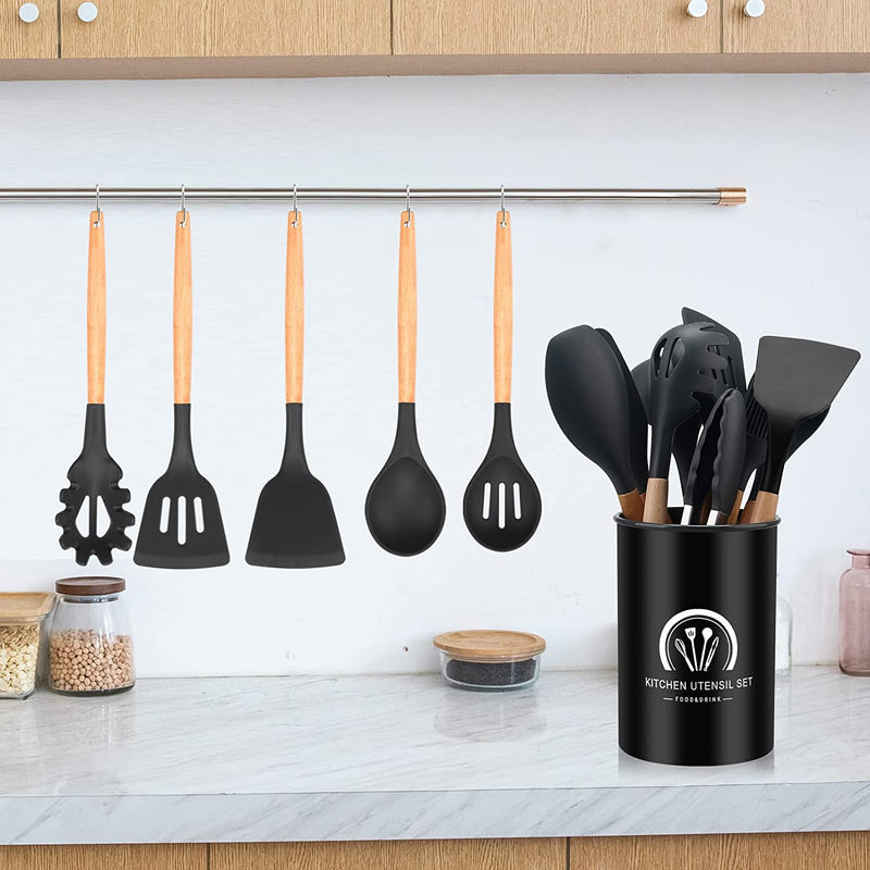 Cooking Utensils Set, Grandess 34 Pcs Wooden Handles Silicone Kitchen Utensils Set with Holder, Heat Resistant Kitchen Tools Gadgets Set with Turner Tongs, Spatula, Spoon, Brush, Whisk (Black Gray) Home & Garden > Kitchen & Dining > Kitchen Tools & Utensils Grandess   