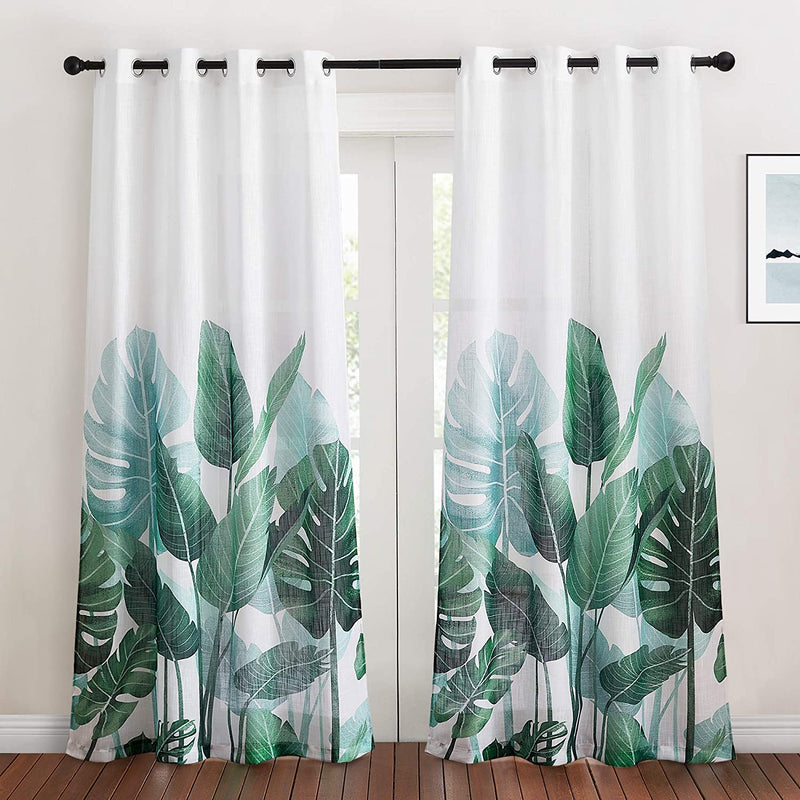 KGORGE Sheer Curtains 84 Inch Length - Crossweave Semi Sheer Curtains Tropical Leaves Pattern Half Translucent Window Drapes for Bedroom Living Room French Door, 2 Panels, W 50 X L 84 Home & Garden > Decor > Window Treatments > Curtains & Drapes KGORGE Linen W50 x L84 | Pair 