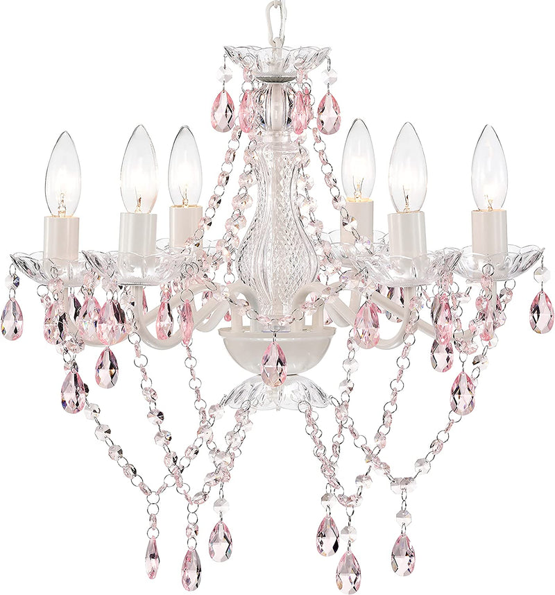 Mr.Color White Chandeliers Pink Crystal Chandelier Lighting Fixture 6 Light Candle Chandelier for Girls Bedroom Home & Garden > Lighting > Lighting Fixtures > Chandeliers Mr.Color   