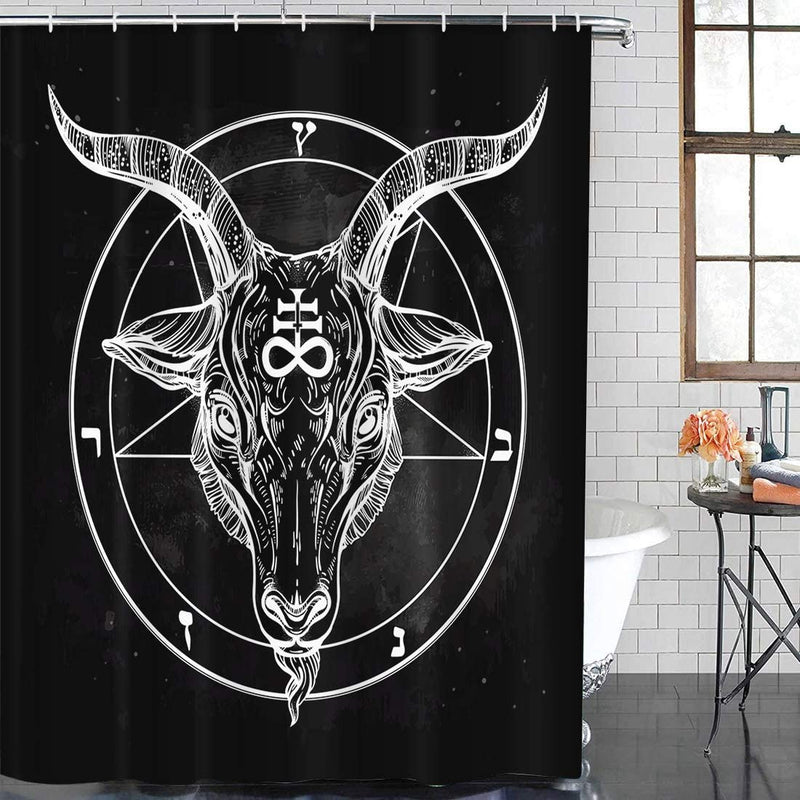 Emvency Shower Curtain Pentagram with Demon Baphomet Satanic Goat Head Binary Symbol Tattoo Retro Music Summer for Biker Black Waterproof Polyester Fabric 72 X 72 Inches Set with Hooks Sporting Goods > Outdoor Recreation > Fishing > Fishing Rods Emvency   