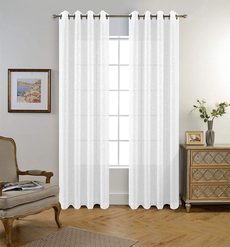 MIUCO Floral Embroidered Semi Sheer Curtains Faux Linen Grommet Window Curtains for Bedroom Living Room 84 Inches Long 2 Panels, Pure White Home & Garden > Decor > Window Treatments > Curtains & Drapes MIUCO   