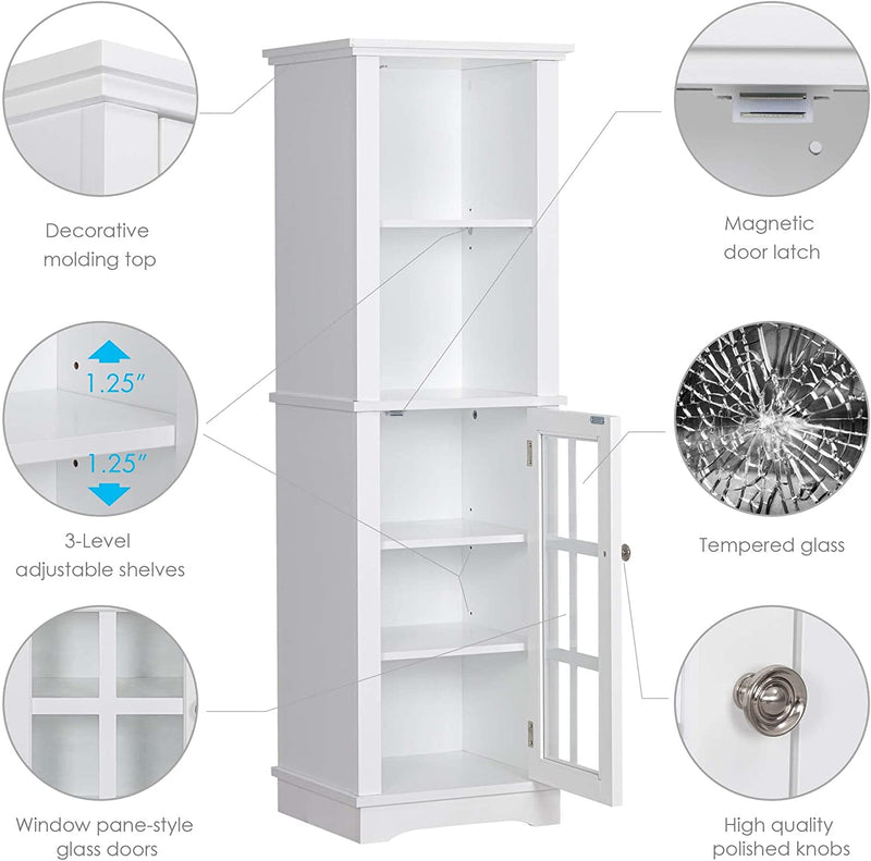 Spirich Home Tall Narrow Storage Cabinet, Bathroom Floor Slim Cabinet with Windowpanel Glass Door, Freestanding Linen Tower, White