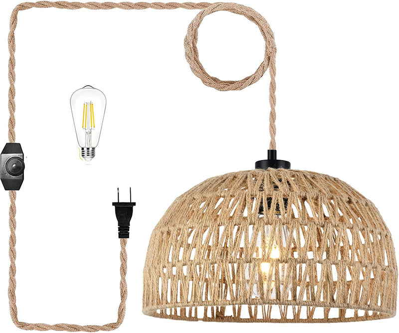 QIYIZM Boho Plug in Pendant Light Macrame Hanging Lamp Shade Hanging Lights with Plug in Hemp Rope Cord and Dimmable Switch,Plug in Chandelier Light for Bohemian Decor Bedroom Living Room Indoor,1Pack Home & Garden > Lighting > Lighting Fixtures QIYIZM Pendant Light Rattan  