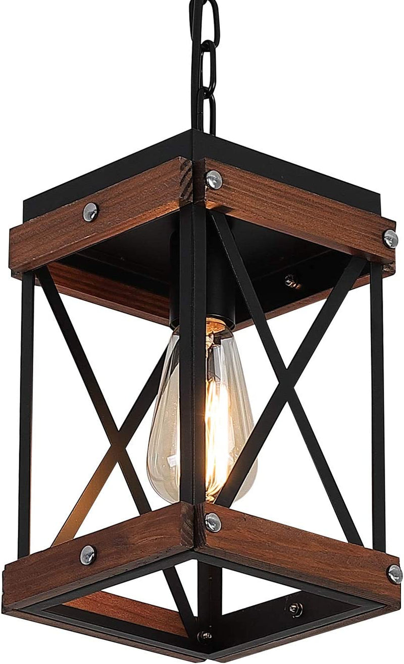 Fivess Lighting Rustic Farmhouse Pendant Light with Wood and Metal Cage, One-Light Adjustable Chains Industrial Mini Pendant Lighting Fixture for Kitchen Island Cafe Bar, Black Home & Garden > Lighting > Lighting Fixtures Fivess Lighting Brown and Black  
