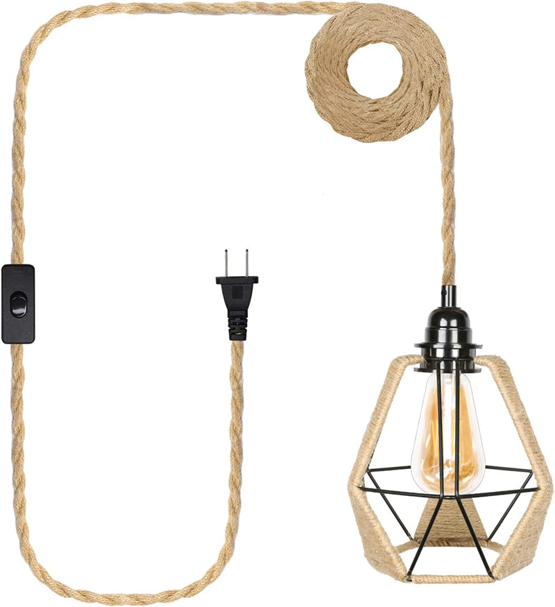 Yiliaw 27FT Three Head Pendant Light Cord Kit with Independent Switch Hemp Rope Vintage Hanging Lighting Cord Fixture Compatible with E26 for Industrial Retro DIY Projects Decoration