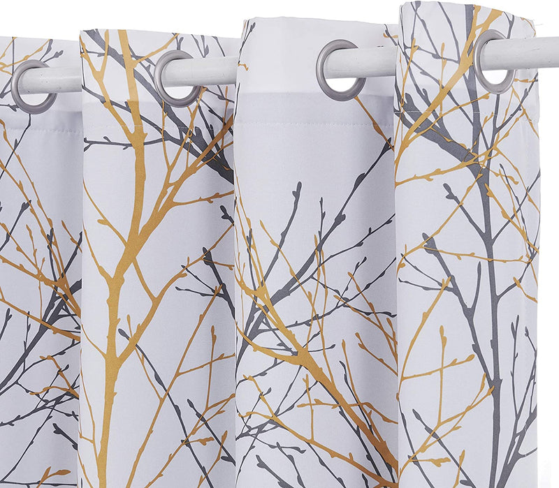FMFUNCTEX White Tree Curtains for Bedroom 84Inch Half-Blackout Yellow Grey Print Branch Curtains for Living Room Window Treatment Set 50”W Grommet Top Set of 2 Home & Garden > Decor > Window Treatments > Curtains & Drapes FMFUNCTEX   