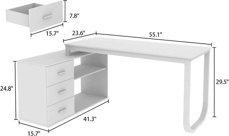 FUFU&GAGA Large 55.1" L-Shaped Office Desk with 41.3" File Cabinet, Corner Computer Desk with 3 Drawers & 2 Shelves, Workstation Executive Desk with Storage Shelf for Home Office - Grey