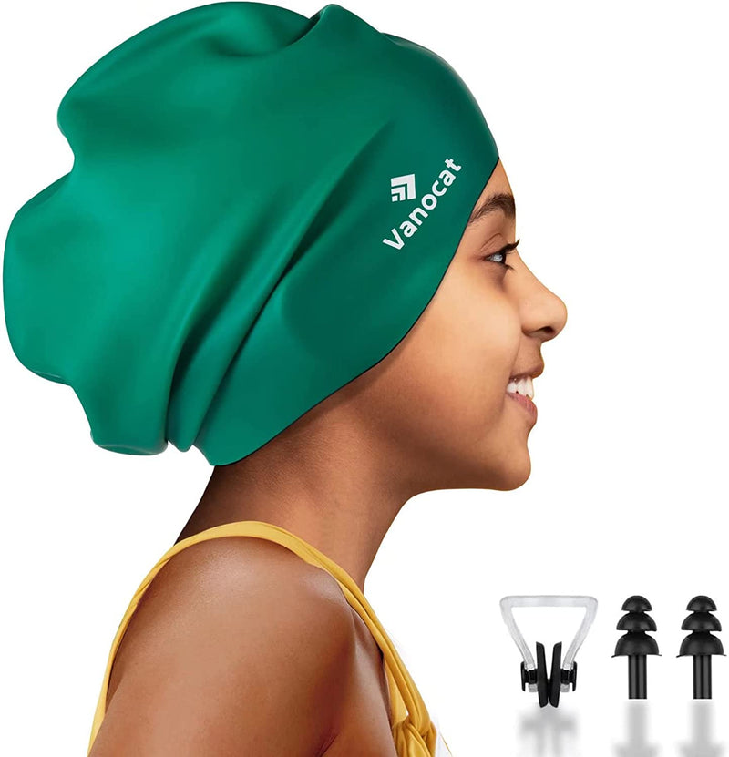 Kids Extra Large Swim Cap for Long Hair, Waterproof Silicone Swimming Caps for Boys Girls Children Youth Teen, Large Swim Hat for Long Thick Curly Hair & Dreadlocks Braids Weaves Afro Hair Sporting Goods > Outdoor Recreation > Boating & Water Sports > Swimming > Swim Caps Huizhou Born Sporting Goods Co.,Ltd. Green  