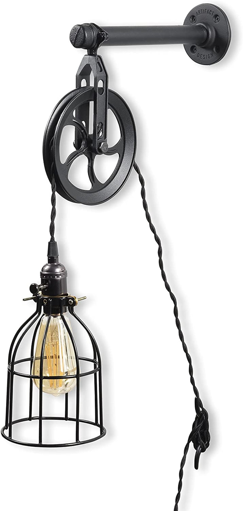 Rustic State Industrial Pulley Design Black Wall Sconce Pendant Lamp Kit with Wire Cage Shade, Pipe Bracket, Pulley, 10" Fabric Plug in Cord, Socket with on / off Switch & Edison LED Light Bulb Home & Garden > Lighting > Lighting Fixtures Rustic State   