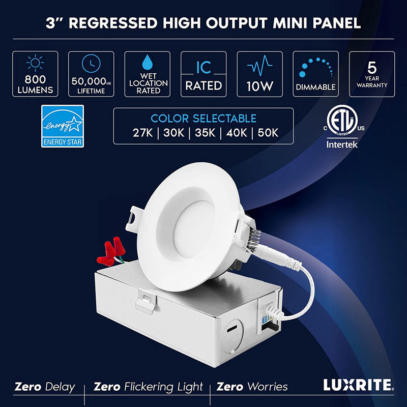 Luxrite 3 Inch LED Recessed Ceiling Light with Junction Box, 10W, 5CCT Selectable 2700K/3000K/3500K/4000K/5000K, 800LM High Brightness, Dimmable Canless Downlight, Wet Rated, IC Rated, ETL Listed