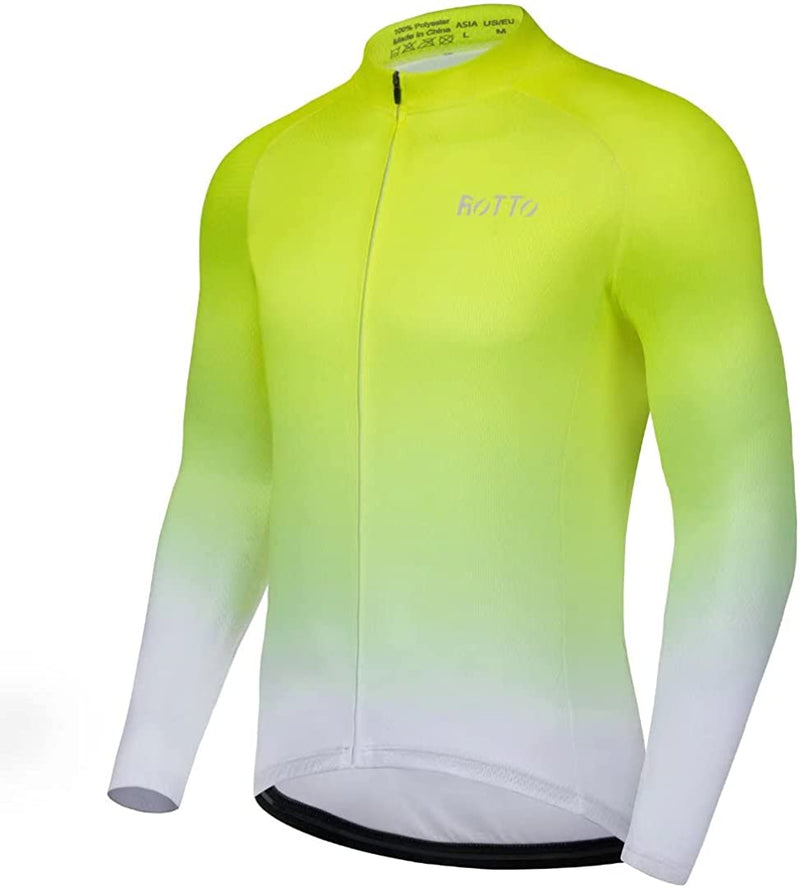 ROTTO Cycling Jersey Mens Bike Shirt Long Sleeve Gradient Color Series Sporting Goods > Outdoor Recreation > Cycling > Cycling Apparel & Accessories ROTTO 06 Fluorescent Green-white XX-Large 