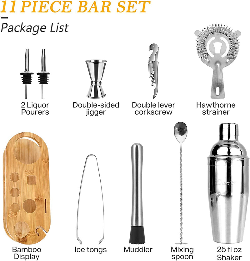 Duerer Bartender Kit with Stand, 11-Piece Cocktail Kit with Stylish Bamboo Stand, Perfect Home Bar Tool Set and Professional Martini Bartender Set, Perfect Drink Mixing Bar Set Tools