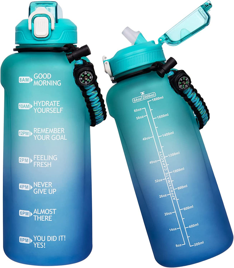 Seekua Half Gallon / 64 Oz Large Water Bottle with Straw & Time Marker Motivational Sports Drinking Bottle with Paracord Handle & Reminder (Transparent Black) Sporting Goods > Outdoor Recreation > Winter Sports & Activities Seekua Green / Dark Blue  