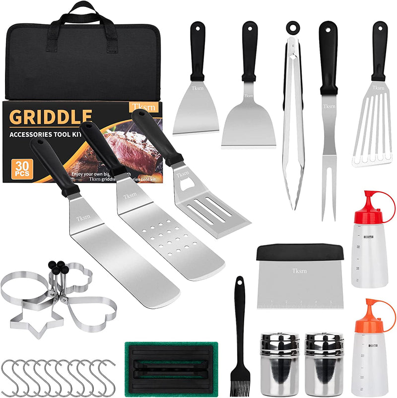 Tksrn Griddle Accessories Kit, 30 Pcs Flat Top Grill Tools Set for Blackstone and Camping Cooking Chef, BBQ Grill Accessories with Metal Burger Spatulas Scraper, Egg Rings, Carry Bag