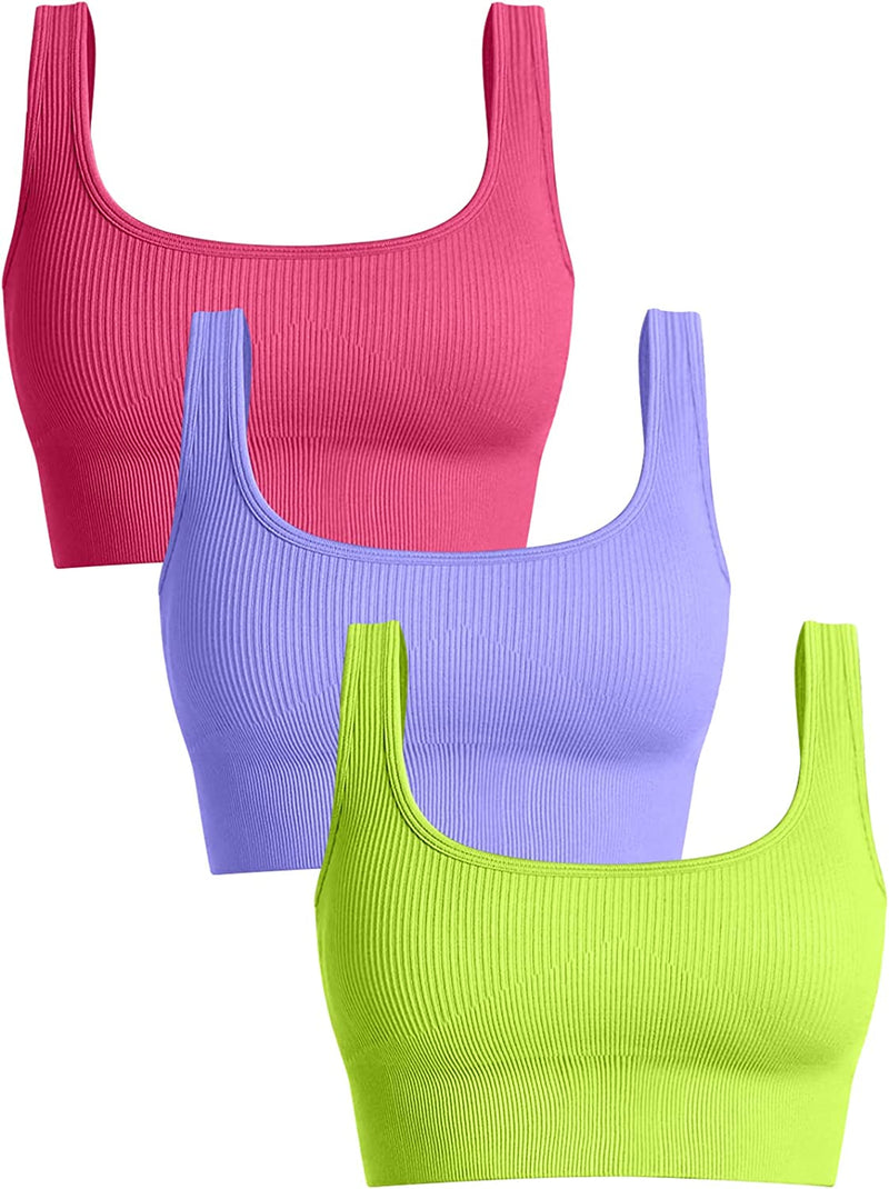 OQQ Women'S 3 Piece Medium Support Tank Top Ribbed Seamless Removable Cups Workout Exercise Sport Bra Sporting Goods > Outdoor Recreation > Winter Sports & Activities OQQ Coral Purple Grassgreen Large 